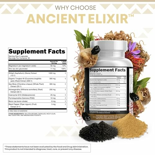 Ancient Elixir supplement bottle with ingredients and supplement facts.