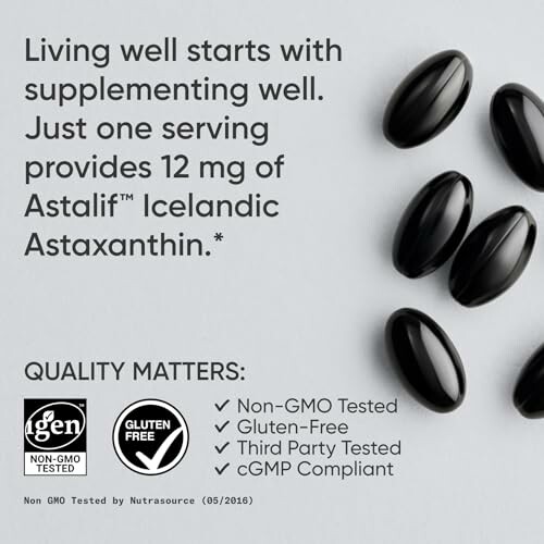 Astaxanthin supplement capsules with quality certifications.