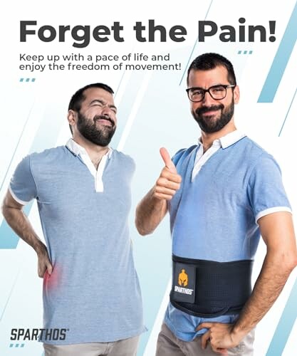 Two men, one with back pain, one with back support, showcasing relief.