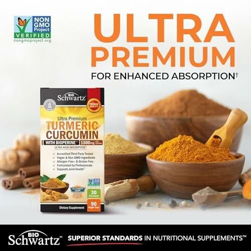 Turmeric Curcumin with Black Pepper Extract 1500mg - High Absorption Ultra Potent Turmeric Supplement with 95% Curcuminoids and BioPerine - Non GMO Tumeric Capsules for Joint Support - 90 Capsules packaging with turmeric powder and capsules.