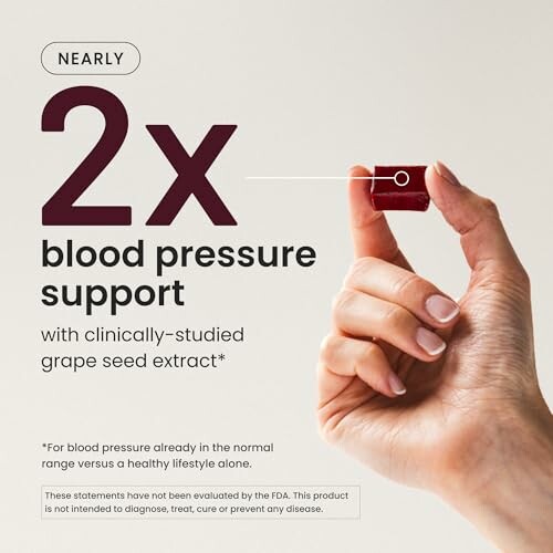 Hand holding a capsule with text about blood pressure support using grape seed extract.
