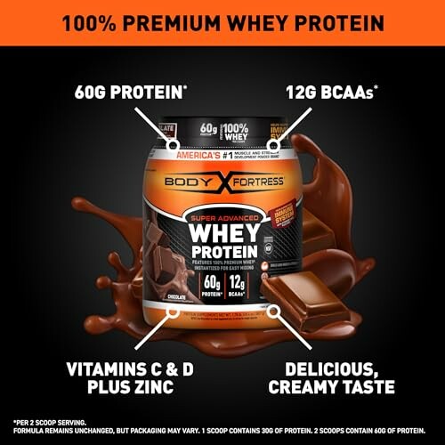 Body Fortress whey protein packaging with nutritional highlights.