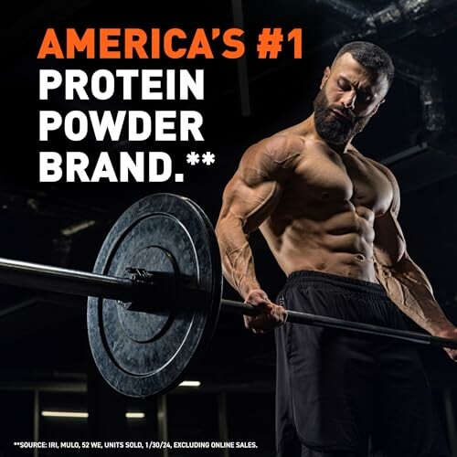Bodybuilder lifting barbell with text America's #1 protein powder brand.
