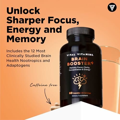 Brain booster supplement bottle promoting sharper focus and memory.