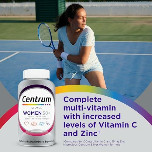Woman playing tennis with Centrum Silver Women 50+ multivitamin ad.