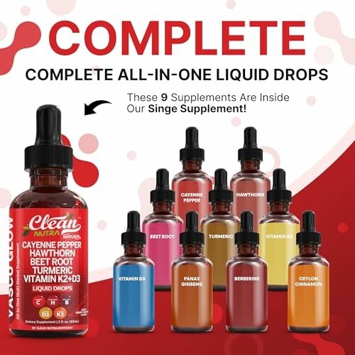 Collection of liquid supplement bottles with various ingredients.