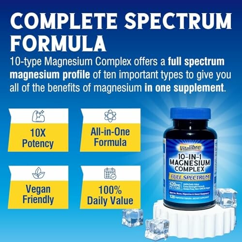 Complete spectrum formula magnesium supplement with benefits highlighted.