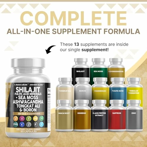 Complete all-in-one supplement formula with various ingredients displayed.