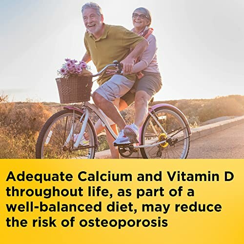 Elderly couple riding a bicycle together, promoting calcium and vitamin D benefits.