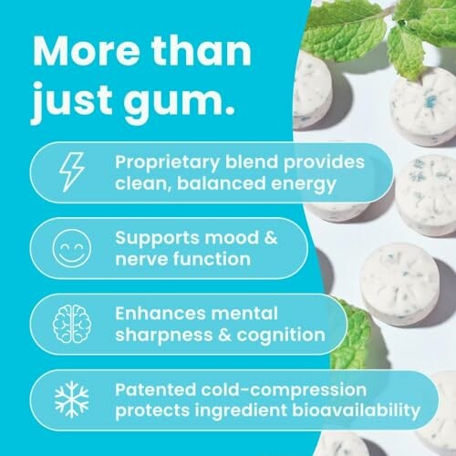 Benefits of gum including energy, mood support, and mental sharpness.