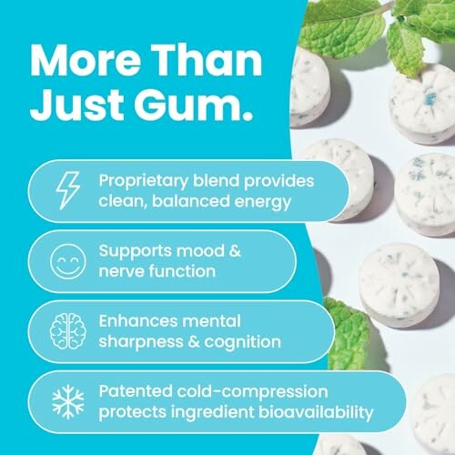 Image highlighting benefits of energy gum with features like balanced energy, mood support, and enhanced cognition.