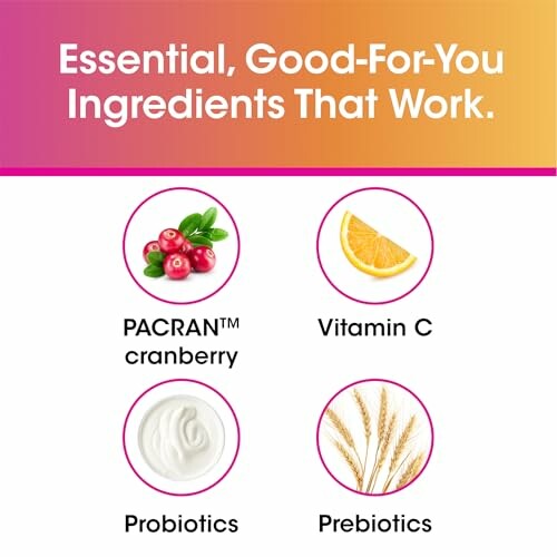 Image showing essential ingredients: PACRAN cranberry, Vitamin C, Probiotics, Prebiotics.