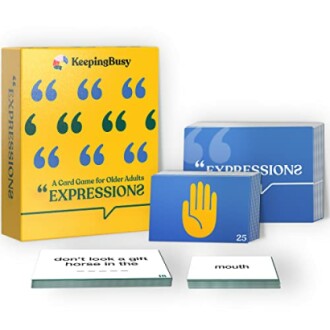Expression card game for older adults with box and cards.