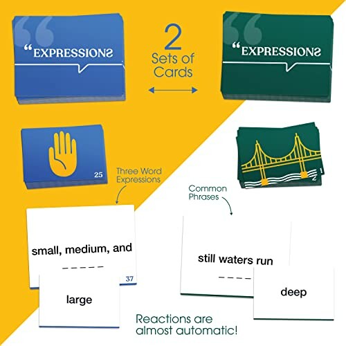 Expressions card game with two sets: three word expressions and common phrases.