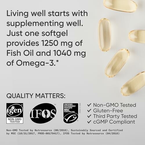 Fish oil supplement benefits and quality certifications.