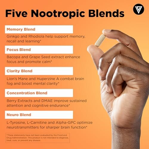 Hand holding a capsule with text about five nootropic blends.