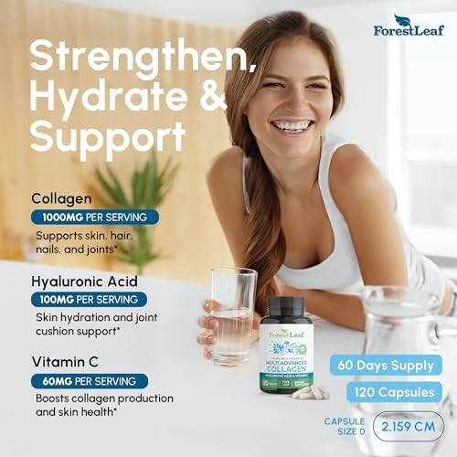 Woman smiling with ForestLeaf collagen supplement bottle, highlighting collagen, hyaluronic acid, and vitamin C benefits.