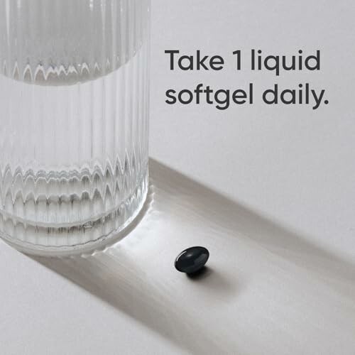 Glass of water and a single softgel with dosage instruction.