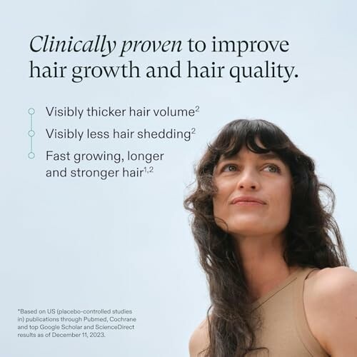 Woman with curly hair under text about clinically proven hair growth benefits. 