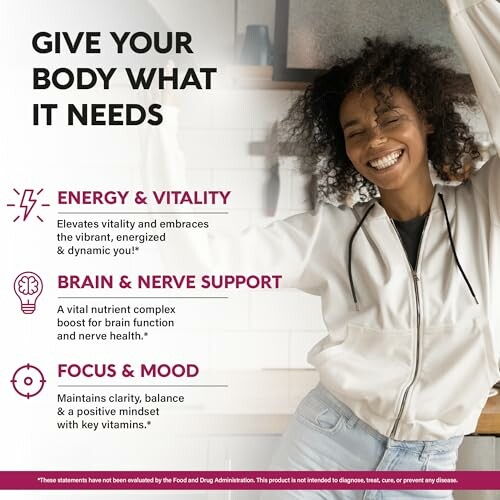 Woman smiling with health supplement benefits listed.