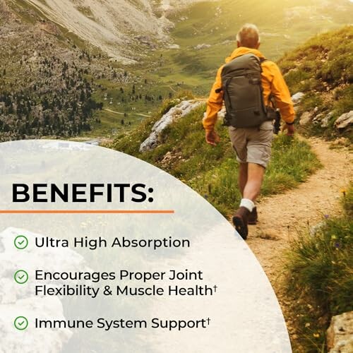 Hiker on mountain trail with benefits of a supplement listed.