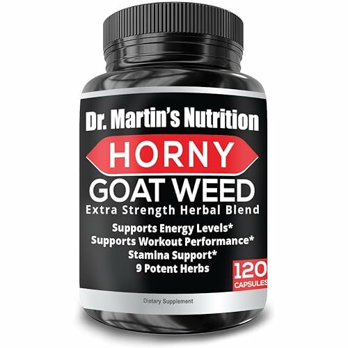 Horny Goat Weed supplement bottle with 120 capsules by Dr. Martin's Nutrition.