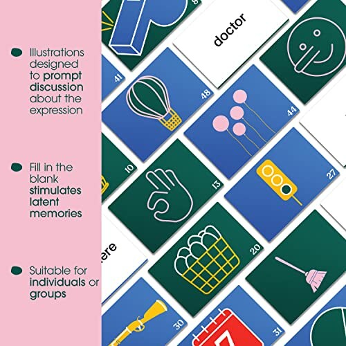 Illustration cards with prompts for discussion and memory stimulation.