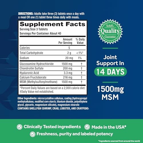 Supplement facts and product features of joint support tablets with 1500mg MSM.