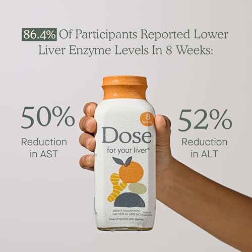 Hand holding a Dose liver health supplement bottle with text about enzyme level reduction.