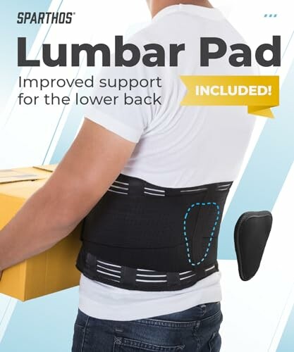 Person wearing a lumbar support belt holding a box, illustrating the use of the Sparthos Back Brace.