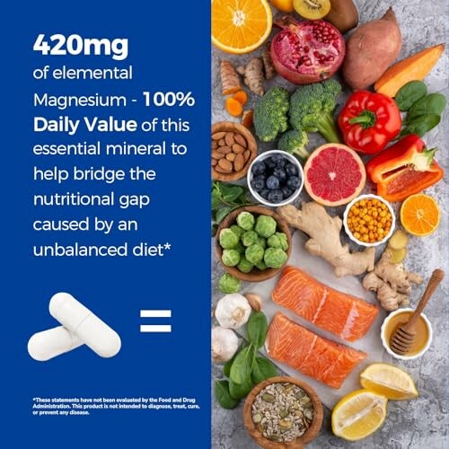 Magnesium supplement with various magnesium-rich foods.