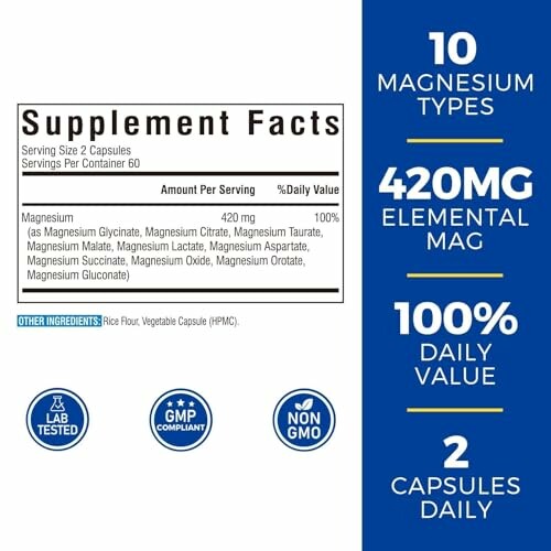 Magnesium supplement facts with 10 types, 420mg elemental magnesium, 100% daily value, lab tested, GMP compliant, non-GMO, two capsules daily.