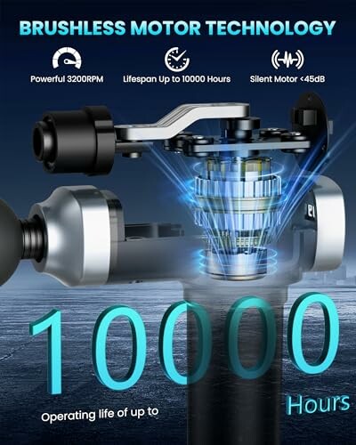 Brushless motor technology for a massage gun with 3200RPM and 10000-hour lifespan.