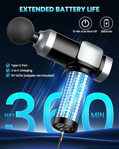 Massage gun with extended battery life and Type-C charging.