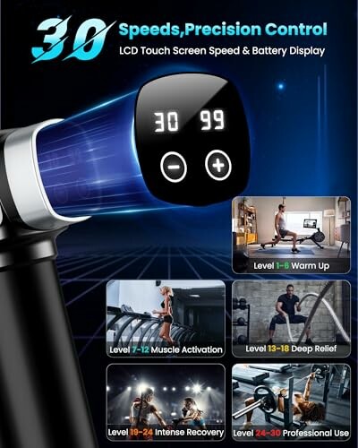 Massage gun with LCD display and various speed levels for different uses.