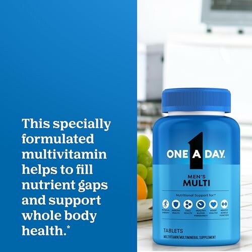 One A Day Men's multivitamin bottle with text about nutrient support.