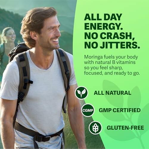 Man hiking with energy supplement benefits listed.