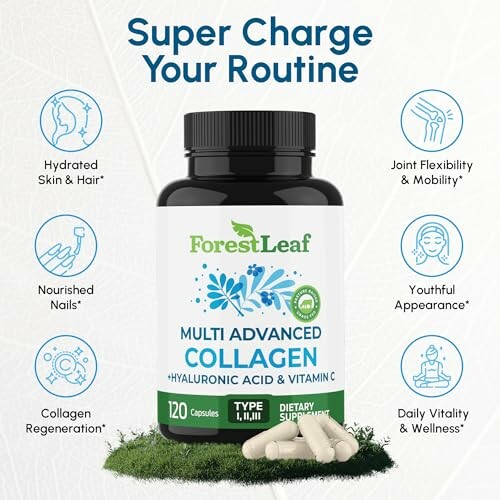 ForestLeaf multi advanced collagen supplement bottle with benefits icons.