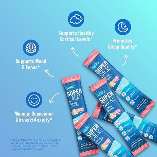 Nello Super Calm supplement packets promoting mood support and sleep quality.