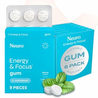 Neuro Energy & Focus peppermint gum packaging with mint leaves and gum pieces.