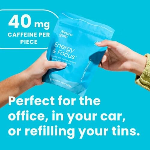 Hands holding Neuro gum package with text highlighting caffeine content.