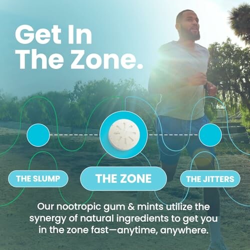 Man jogging with nootropic gum ad emphasizing staying in 'The Zone'.