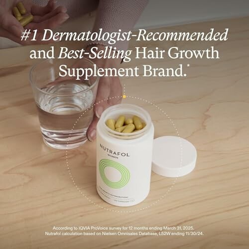 Nutrafol supplement bottle with capsules and a glass of water. 
