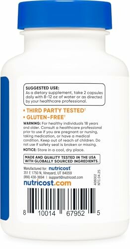 Back label of a Nutricost dietary supplement bottle showing suggested use, gluten-free note, and manufacturing details.