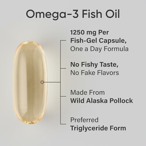 Omega-3 fish oil capsule with benefits listed.