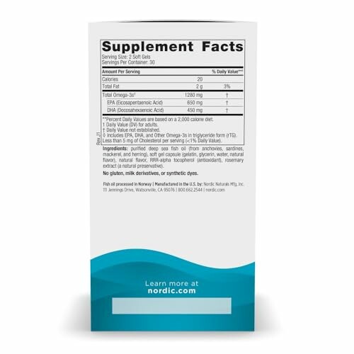 Supplement facts for omega-3 soft gels.