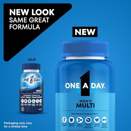 New packaging of One A Day Men's Multivitamins with blue bottle.