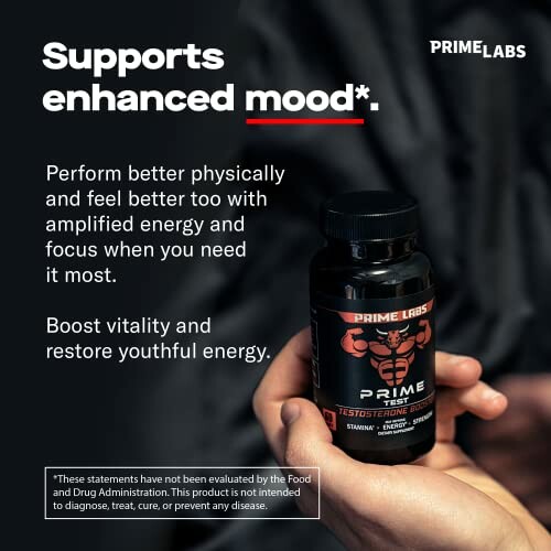 Prime Labs testosterone booster bottle held in hand with promotional text.