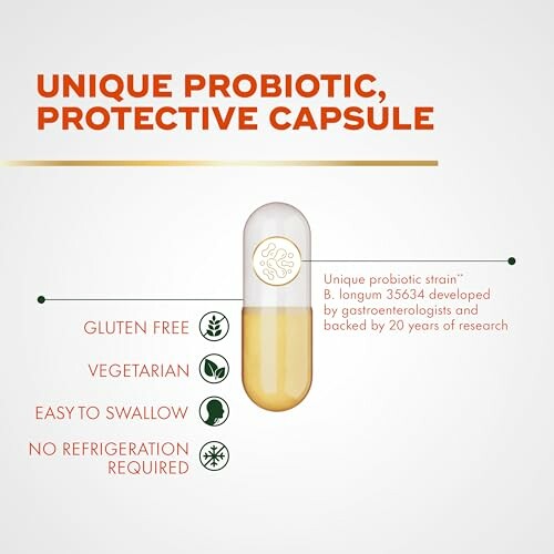 Probiotic capsule with benefits: gluten free, vegetarian, easy to swallow, no refrigeration needed.