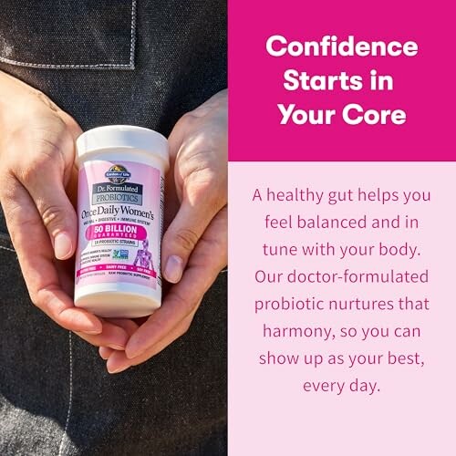Hands holding a probiotic supplement bottle with text about gut health benefits.